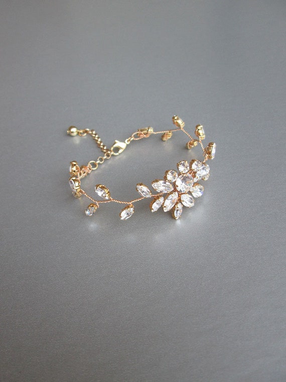 Crystal bridal bracelet, Delicate crystal bracelet, Wedding rhinestone bracelet in gold, silver, rose gold, Leafy vine