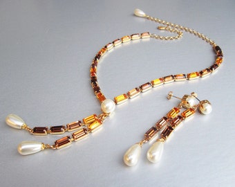 Topaz and pearl crystal jewelry set, Earrings and necklace, Bridal jewelry set, Wedding party, Mother of the bride