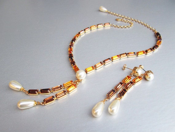 Topaz and pearl crystal jewelry set, Earrings and necklace, Bridal jewelry set, Wedding party, Mother of the bride