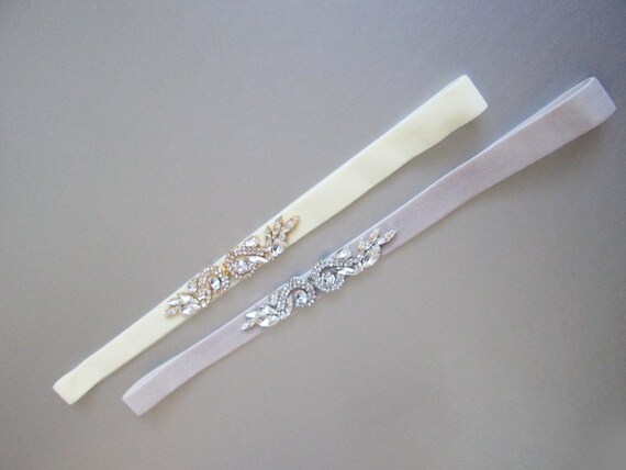 Crystal stretch velvet belt with clasp closure, Bridal crystal velvet belt, Fitted bridal belt in gold or silver, Rhinestone belt