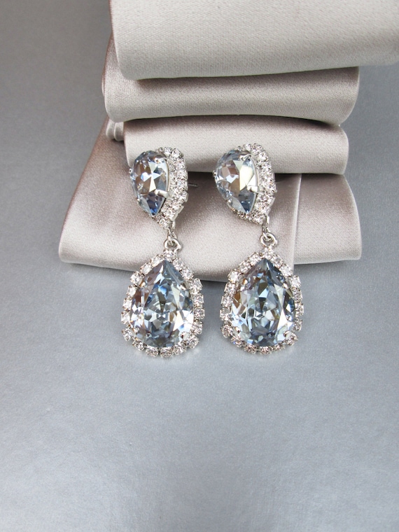 Dusty blue teardrop dangling earrings, Something blue Bridal earrings, Faint blue crystal wedding earrings, Pale blue