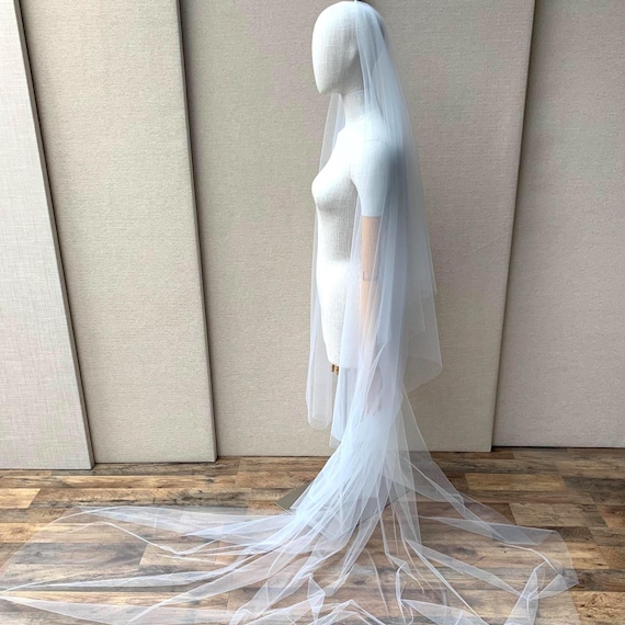 Blue veil, Drop style pale blue bridal veil with blusher, 2 tier wedding veil