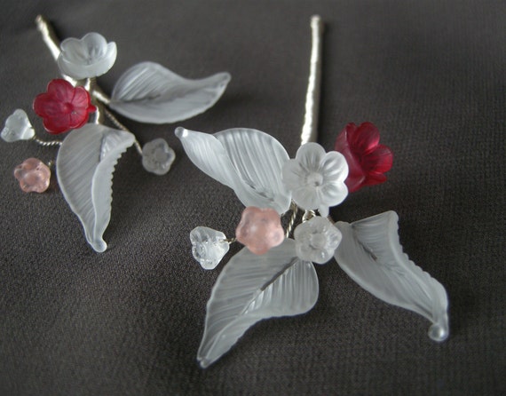 Cinderella bridal hair pins, Exquisite handmade glass leaf and flower hair pins, Bridal hair pins, Floral hair pins, One pair