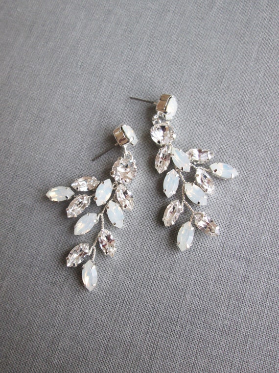 Opal Bridal crystal earrings, Crystal opal earrings, Leaf branch earrings, Wedding crystal drop earrings, Chandelier earrings dangling