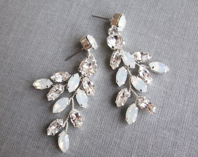 Opal Bridal crystal earrings, Crystal opal earrings, Leaf branch earrings, Wedding crystal drop earrings, Chandelier earrings dangling