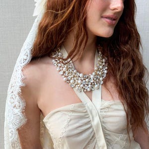 Large pearl necklace, Bridal and special occasion crystal pearl bib necklace, Fine cultured freshwater pearls and premium quality crystal