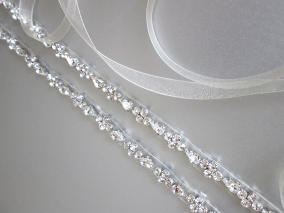 Bridal belt, Silver skinny belt, Skinny bridal belt sash, Bridal crystal sash, Crystal wedding belt - full length, crystal bridal belt sash