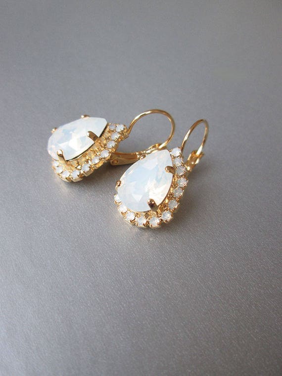 Opal gold bridal earrings, Crystal white opal bridal earrings, Drop earrings, White opal earrings in gold, silver, rose gold