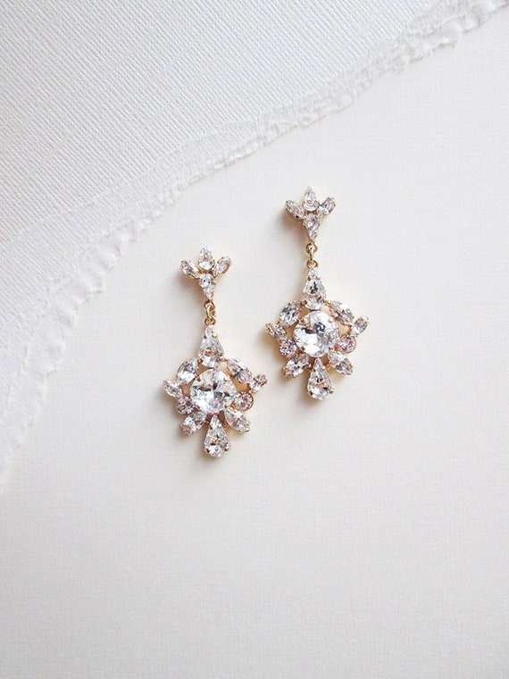 Bridal crystal earrings, Chandelier bridal earrings, Wedding dangling earrings, Gold Rhinestone drop earrings