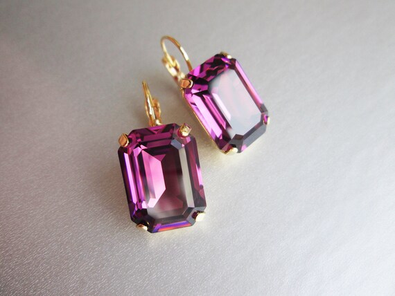 Amethyst crystal emerald cut earrings, Purple drop earrings, Bridesmaid drop earrings in gold, silver, rose gold