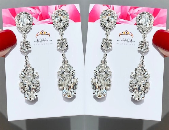 Bridal crystal earrings, Premium European Crystal bridal earrings, Teardrop dangling earrings, Bridal rhinestone drop earrings gold silver