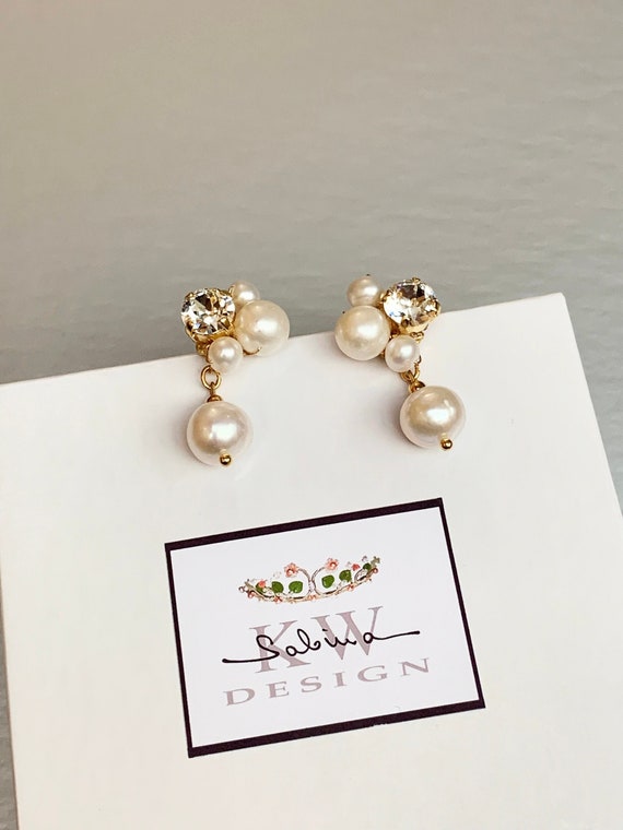 Pearl drop earrings, Large pearl Bridal crystal earrings, Cultured freshwater pearl bridal earrings, Bridal rhinestone earrings gold silver