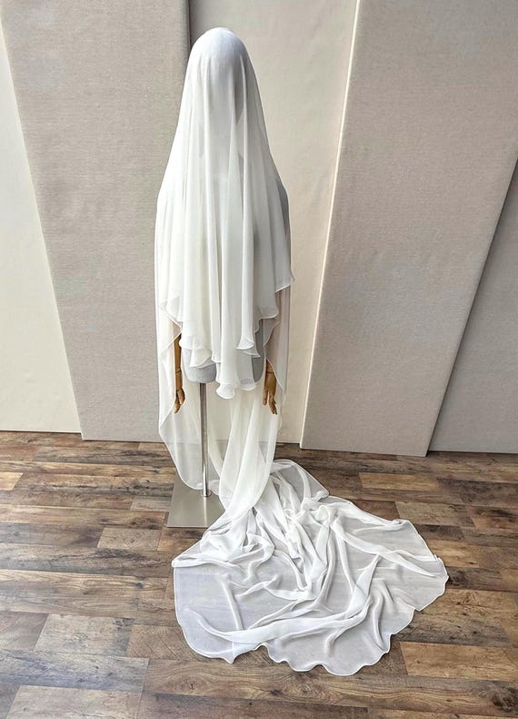 Silk chiffon veil with a waterfall blusher, Soft Silk bridal veil, Exquisite 100% Silk chiffon wedding veil Couture Bridal drop veil