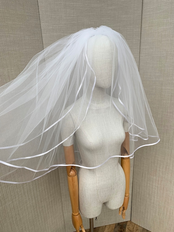 Veil Satin trimmed Bridal veil two-tier veil elbow length, Ribbon edge mid length veil, Satin trim Wedding veil with blusher