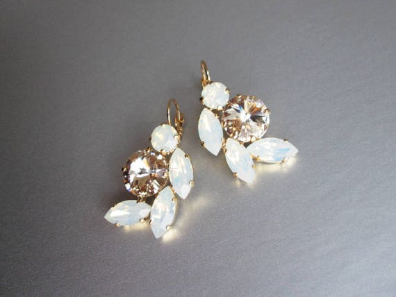 Opal bridal crystal earrings, Crystal bridal earrings, Opal earrings,  Bridal rhinestone earrings in gold or silver