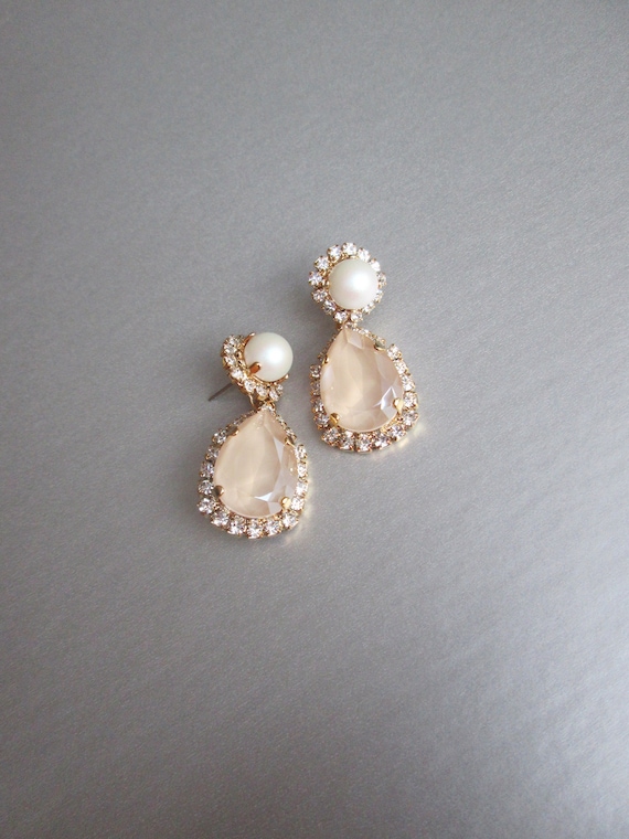 Pastel Ivory cream Bridal crystal earrings, Crystal and pearl earrings, Teardrop dangling earrings, Champagne wedding earrings