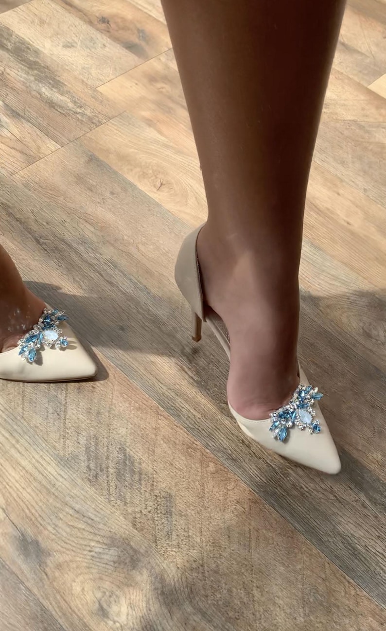 Something blue Shoe clips, Bridal shoe clips, Premium European Crystal Shoe embellishments jewelry, Rhinestone shoe clip-on light blue image 3