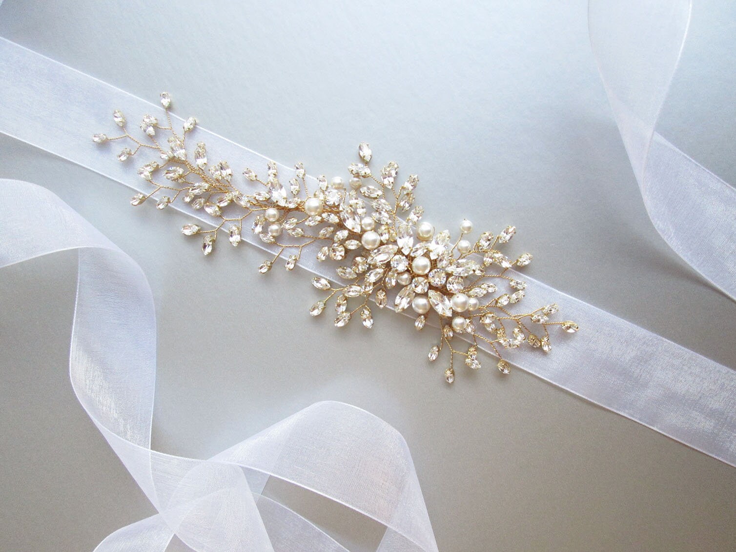 Rose Gold Applique Opal Bridal Belt with Pearl & Crystal Accents on Ivory Ribbon 4615BT-I-RG