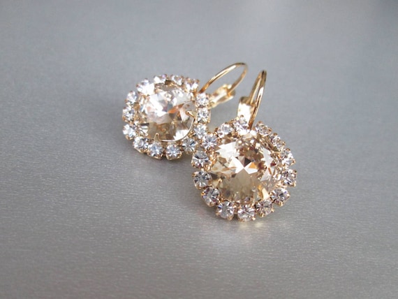 Crystal bridal earrings, Earrings in gold or silver, Wedding crystal earrings, Cushion cut earrings light silk