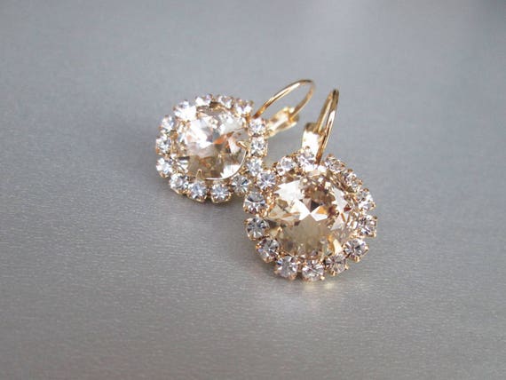 Crystal bridal earrings, Earrings in gold or silver, Wedding crystal earrings, Cushion cut earrings light silk