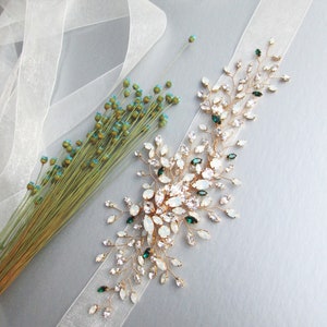 Emeralds and Opals- Exquisite bridal belt sash, Bridal Premium European Crystal belt, Wedding crystal floral belt gold, silver, rose gold