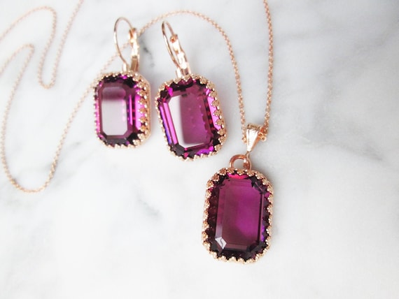 Amethyst crystal jewelry set, Purple plum jewelry earrings necklace set, Bridal Bridesmaids jewelry gold, silver, rose gold