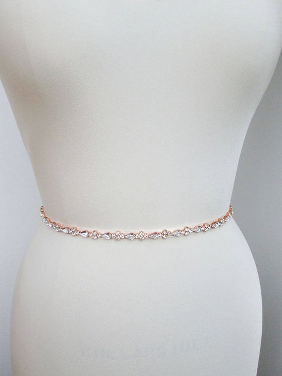 Rose gold bridal belt, Skinny bridal belt sash, Bridal crystal sash, Crystal wedding belt - full length, Premium Quality European Crystal