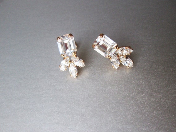 Crystal studs, Octagon stud earrings, Dainty stud earrings in gold, silver, rose, Wedding earrings emerald cut