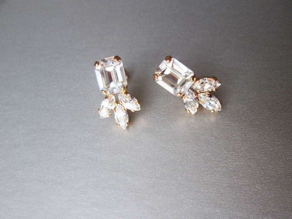 Crystal studs, Octagon stud earrings, Dainty stud earrings in gold, silver, rose, Wedding earrings emerald cut