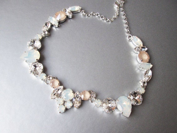 Pastel Ivory cream and opal bridal crystal necklace and earrings, Premium European Crystal jewelry set, Statement jewelry