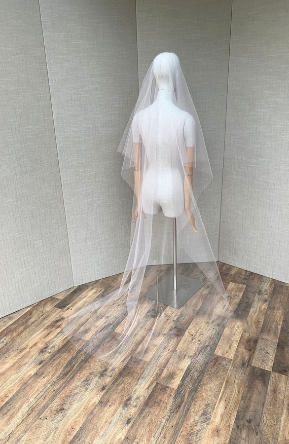Long veil, Barely there cascading sheer drop veil, Pink veil, Long bridal veil with blusher, Floor length wedding veil blush pale pink