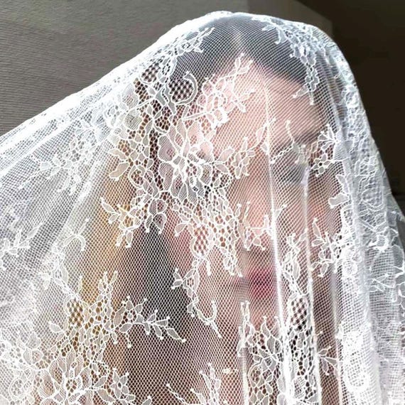 Lace veil in cathedral length with blusher, Delicate Chantilly lace veil long, two tier