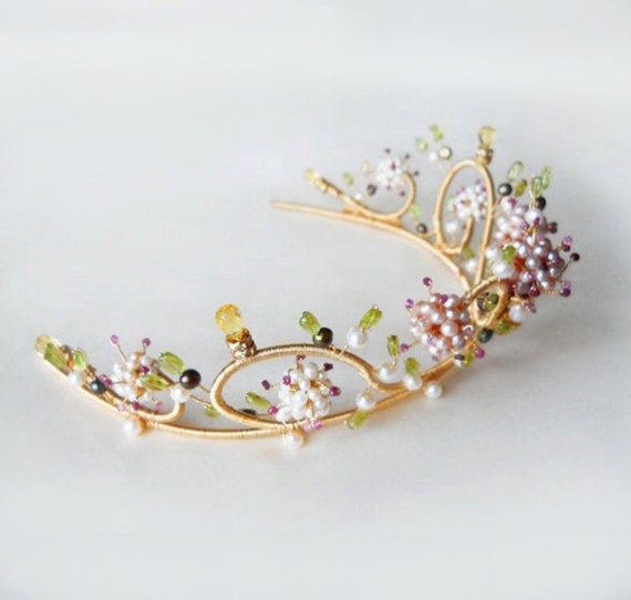 Bridal gold tiara, Ruby and pearl multi-gemstone floral motif gold tiara, Wedding tiara with gemstones and freshwater pearls