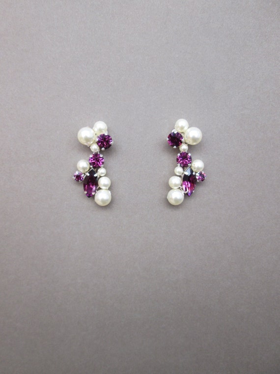 Amethyst crystal pearl earrings, Premium European Crystal bridal earrings, Bridal party purple earrings in gold or silver