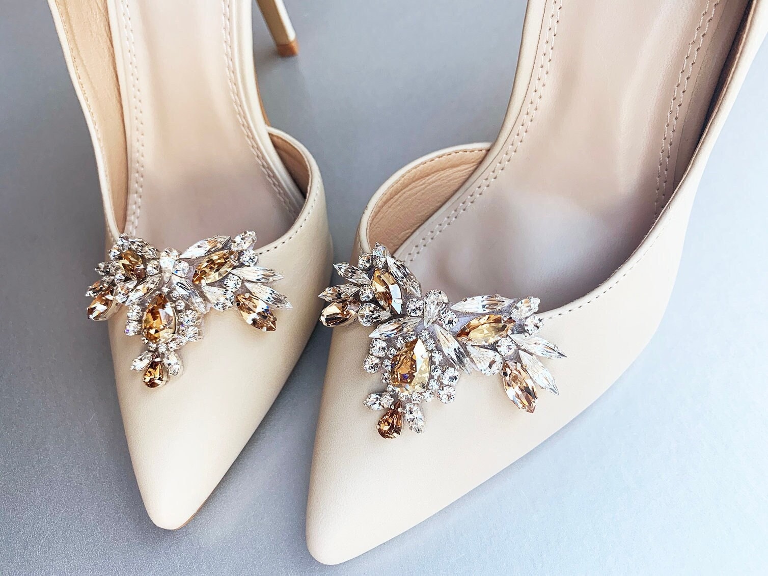 Champagne Shoe clips, Bridal shoe clips, Premium European Crystal shoe  clips, Shoe embellishments jewelry, Rhinestone party shoe clip on