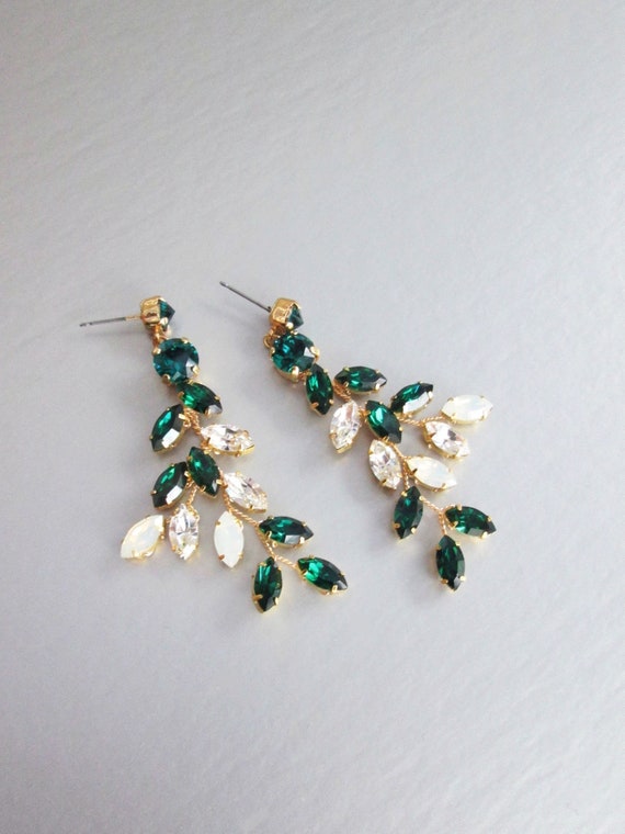 Emeralds and Opals Bridal crystal earrings, Premium European Crystal opal earrings, Leaf branch earrings, Wedding crystal green earrings