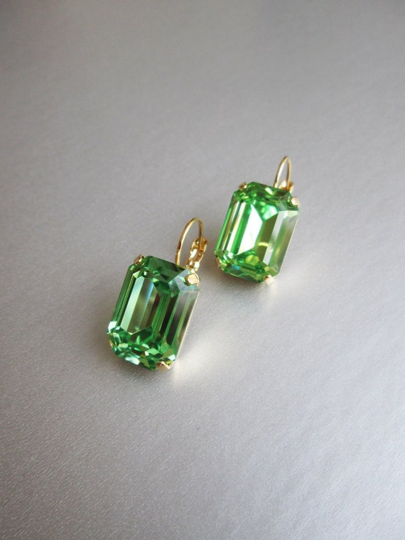 Green peridot crystal emerald bridal earrings, Emerald cut  earrings, Bridesmaids drop earrings in gold, silver, rose gold