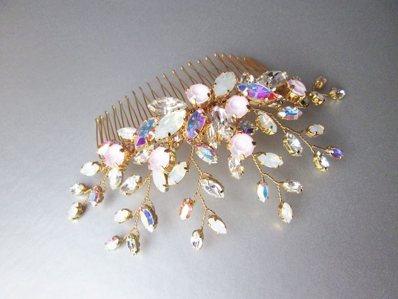 Iridescent crystal hair comb, Bridal crystal hair comb, Rhinestone bridal comb, Crystal AB headpiece, Wedding comb opal, pink