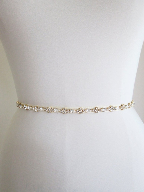 Bridal belt, Gold skinny belt, Skinny bridal belt sash, Bridal crystal sash, Crystal wedding belt - full length, Crystal bridal belt sash