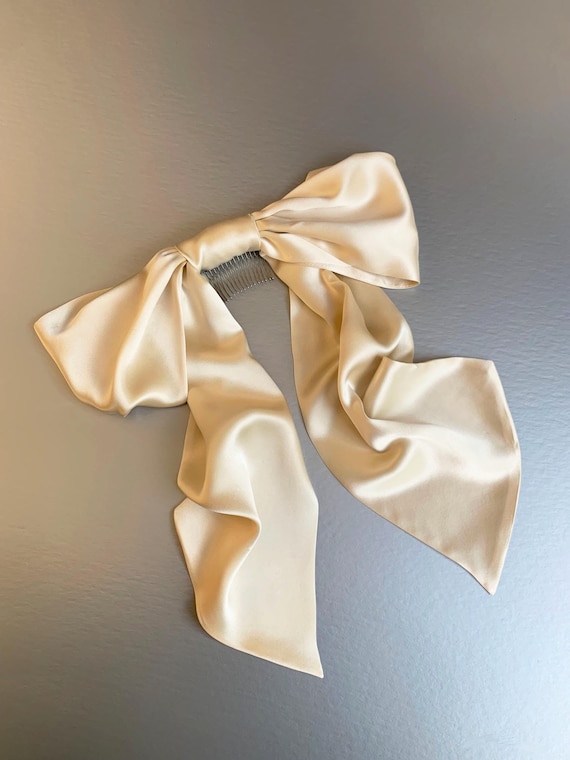 Silk satin hair bow clip, Modern bridal veil alternative, 100% Silk charmeuse wedding veil bow comb, Big bouncy party bow, special occasion