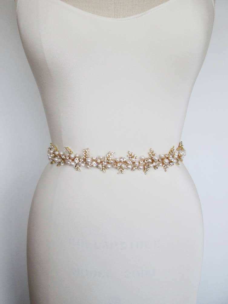 Wedding Accessories - Pearl and Crystal Bridal Belt/Sash - Available in Silver and Rose Gold Silver Appliqué with Ivory Ribbon