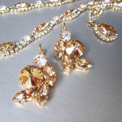 Champagne bridal crystal earrings, shops Crystal bridal earrings, Honey earrings, Bridal rhinestone earrings in gold or silver