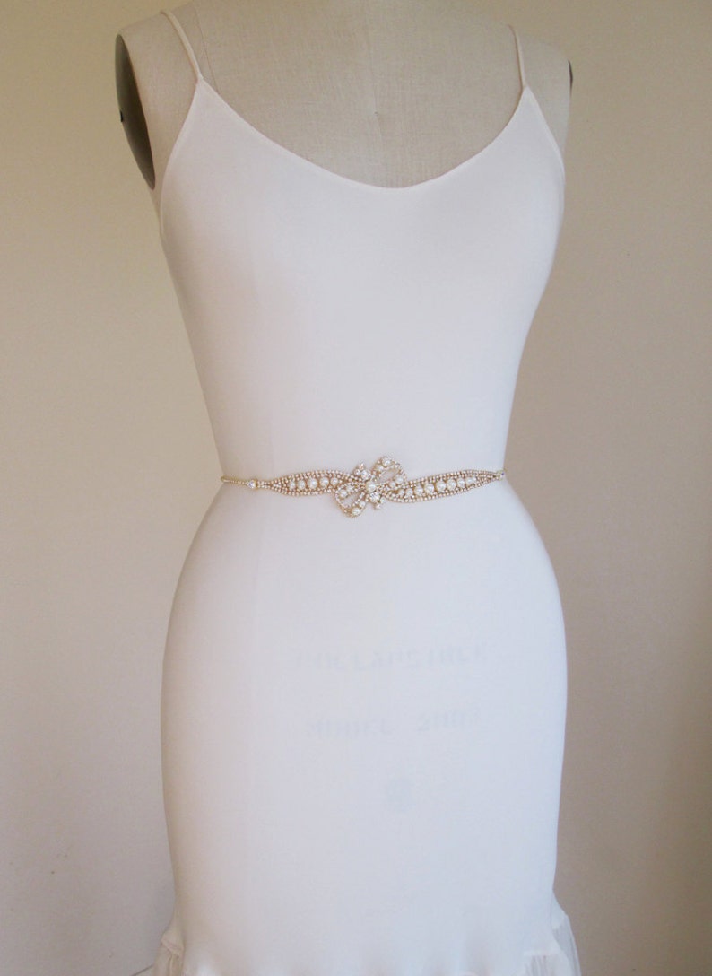 Skinny Bridal Belt Sash Crystal Wedding Belt Pearl and - Etsy