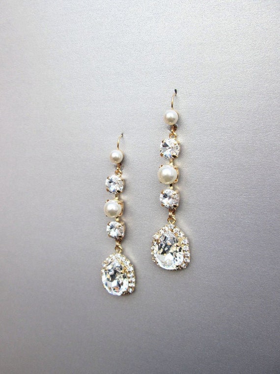 Bridal crystal earrings, Crystal and pearl wedding drop earrings, Long earrings, Bridal rhinestone earrings in gold or silver