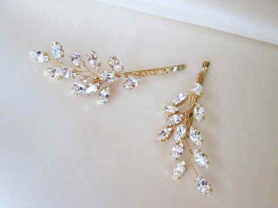 Crystal hair pins, Bridal crystal bobby pins, Leaf crystal hair pins, Wedding crystal bobby pins, One pair