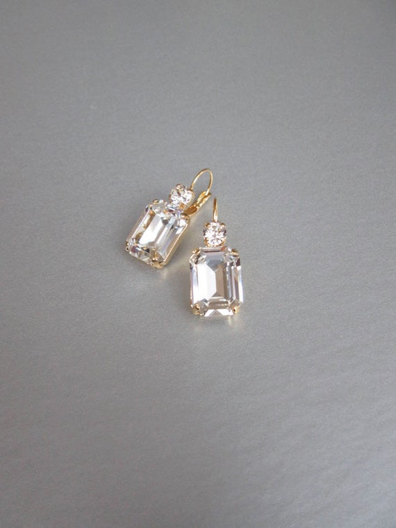 Crystal bridal gold earrings, Emerald cut bridal earrings, Rhinestone earrings in gold, rose gold, silver, Wedding drop earrings