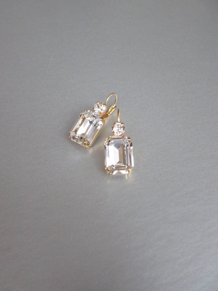 Swarovski crystal bridal gold earrings Emerald cut bridal | Etsy