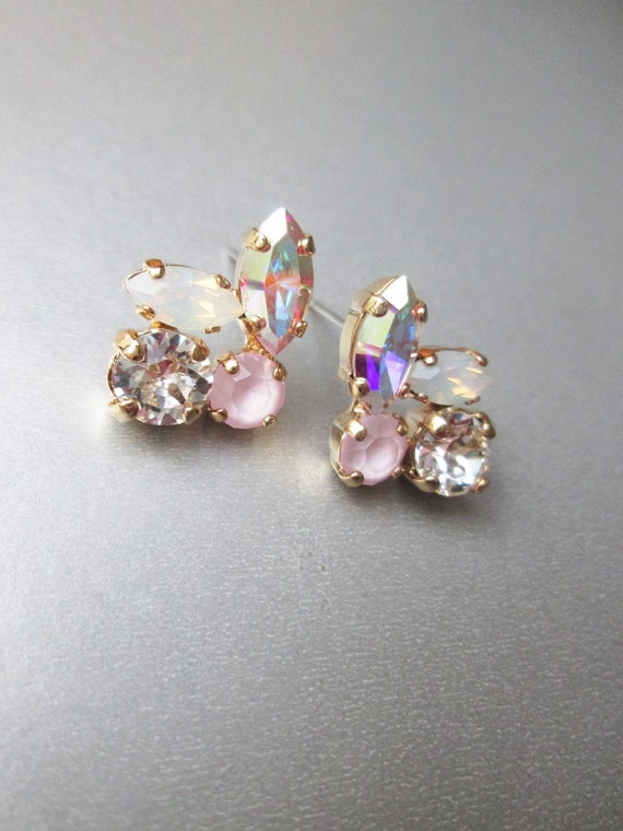 Iridescent crystal studs, Dainty crystal studs, Premium European Crystal AB bridal earrings, Stud earrings in gold, silver, rose gold