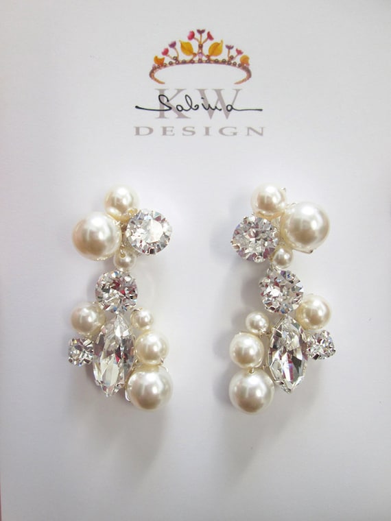 Bridal crystal earrings, crystal and pearl bridal earrings,  Bridal rhinestone earrings in gold or silver