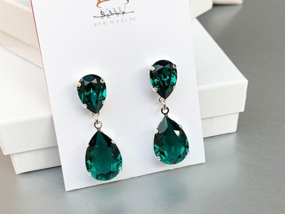 Emerald Green Transparent Drops, Crystal earrings teardrop cut earrings, Teardrop pear drop earrings gold silver, Mother of bride